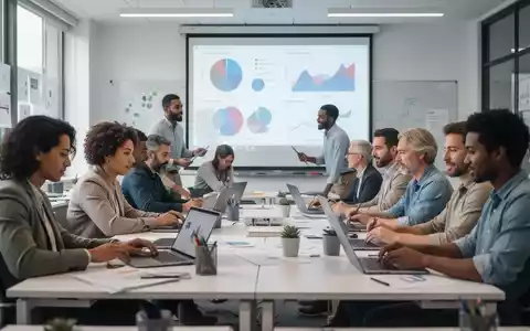 Eine Gruppe von Erwachsenen lernt in einem modernen Klassenzimmer, mit Laptops und einem Projektor, der Daten anzeigt. - Foto: über boerse-global.de