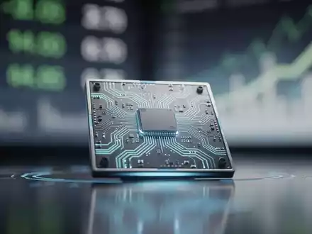Ein futuristischer Mikrochip mit leuchtenden Schaltkreisen auf einer reflektierenden Oberfläche, im Hintergrund eine verschwommene Datenvisualisierung. - Foto: über boerse-global.de