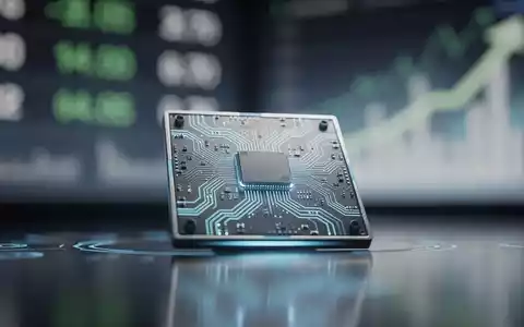 Ein futuristischer Mikrochip mit leuchtenden Schaltkreisen auf einer reflektierenden Oberfläche, im Hintergrund eine verschwommene Datenvisualisierung. - Foto: über boerse-global.de