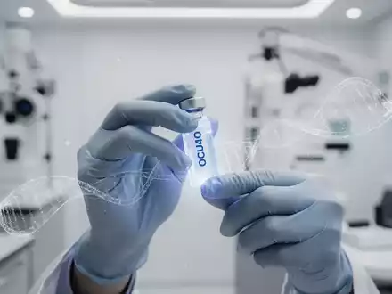 Nahaufnahme von behandschuhten HĂ€nden, die in einem Labor ein leuchtendes FlĂ€schchen mit der Aufschrift OCU410 halten, im Hintergrund ophthalmologische GerĂ€te. - Foto: ĂŒber boerse-global.de