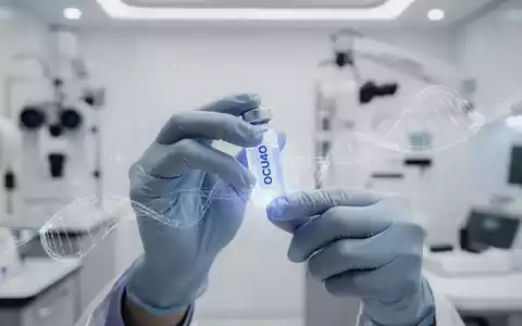 Nahaufnahme von behandschuhten Händen, die in einem Labor ein leuchtendes Fläschchen mit der Aufschrift OCU410 halten, im Hintergrund ophthalmologische Geräte. - Foto: über boerse-global.de