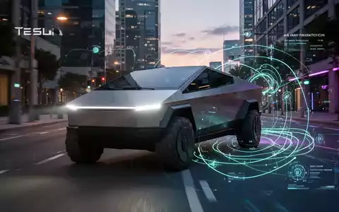 A Tesla Cybertruck drives autonomously on a city street at dusk, with digital overlays showing its navigation and sensor data. - Foto: über boerse-global.de