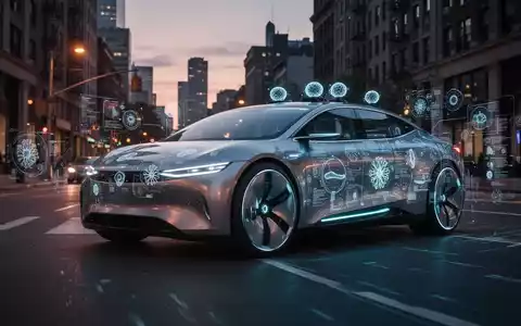 A futuristic self-driving car navigating a city street at dusk, its advanced sensors subtly illuminated, showcasing cutting-edge vision technology. - Foto: über boerse-global.de