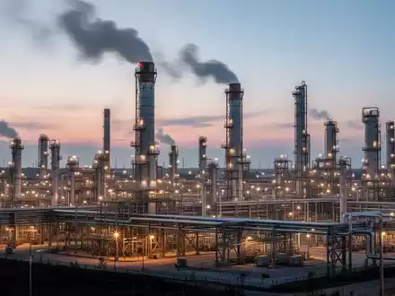 Eine weitläufige, moderne Chemieanlage in der Dämmerung mit beleuchteten Schornsteinen und Rohrleitungen, die Kapazitätserweiterung andeuten. - Foto: über boerse-global.de