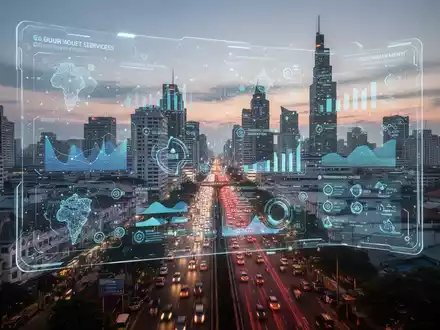 A futuristic transparent screen displaying digital data and smart city metrics overlays a vibrant, modern Southeast Asian cityscape at dusk. - Foto: über boerse-global.de