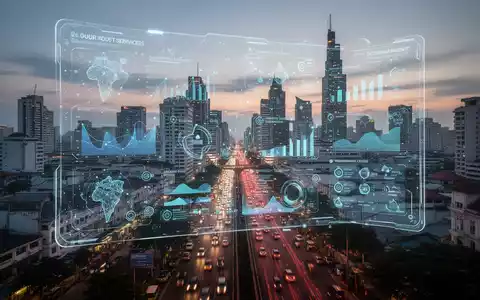 A futuristic transparent screen displaying digital data and smart city metrics overlays a vibrant, modern Southeast Asian cityscape at dusk. - Foto: über boerse-global.de