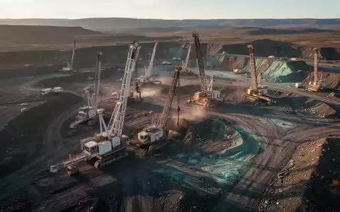 Luftaufnahme einer weitläufigen Bergbaustätte mit Bohranlagen, die in die Erde bohren, bei Sonnenuntergang. - Foto: über boerse-global.de