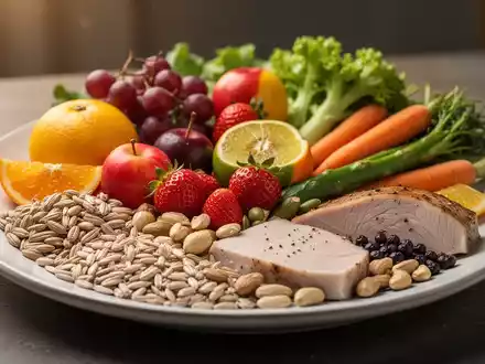 Eine Nahaufnahme eines Tellers mit einer ausgewogenen Mahlzeit aus frischen Früchten, Gemüse, Vollkornprodukten, magerem Protein und gesunden Fetten. - Foto: über boerse-global.de