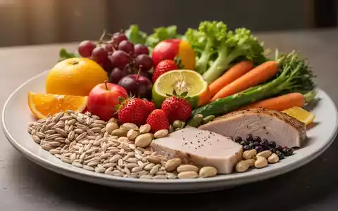 Eine Nahaufnahme eines Tellers mit einer ausgewogenen Mahlzeit aus frischen Früchten, Gemüse, Vollkornprodukten, magerem Protein und gesunden Fetten. - Foto: über boerse-global.de