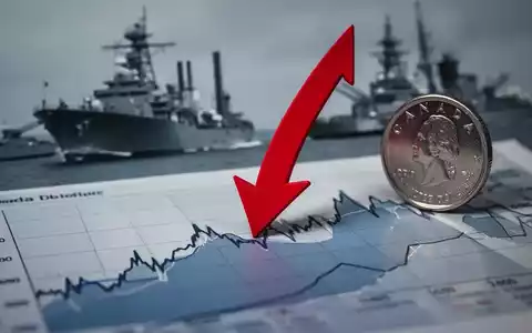 Ein roter Pfeil zeigt auf einen Finanzchart, der einen Verlust symbolisiert. Eine kanadische Dollarmünze liegt daneben. - Foto: über boerse-global.de