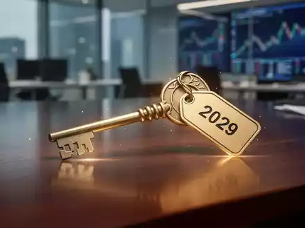 Ein stilisierter Schlüssel mit einem Anhänger '2029' auf einer polierten Holzoberfläche, der eine gesicherte Finanzierung symbolisiert. - Foto: über boerse-global.de