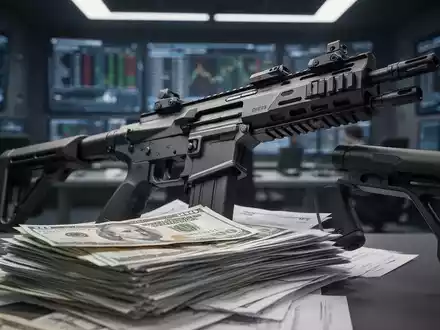 Ein modernes Gewehr und ein Stapel Geld oder Dokumente, die einen Kreditvertrag symbolisieren, mit verschwommenem Hintergrund. - Foto: über boerse-global.de