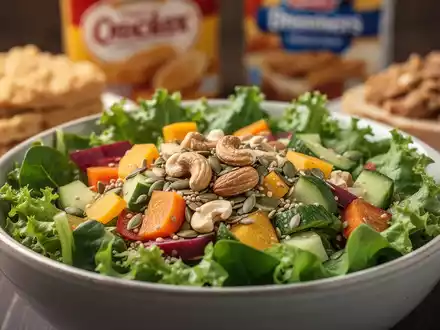 Eine Nahaufnahme einer gesunden Salatschüssel mit frischem Gemüse, Nüssen und Samen im Vordergrund, mit unscharfen, verarbeiteten Lebensmitteln im Hintergrund. - Foto: über boerse-global.de