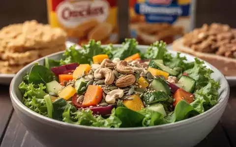 Eine Nahaufnahme einer gesunden Salatschüssel mit frischem Gemüse, Nüssen und Samen im Vordergrund, mit unscharfen, verarbeiteten Lebensmitteln im Hintergrund. - Foto: über boerse-global.de