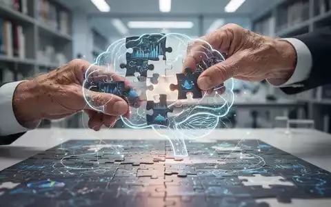 Hände einer älteren Person, die ein Puzzleteil in ein Gehirn-Puzzle einfügen, mit leuchtenden Linien, die Verbindungen symbolisieren. - Foto: über boerse-global.de