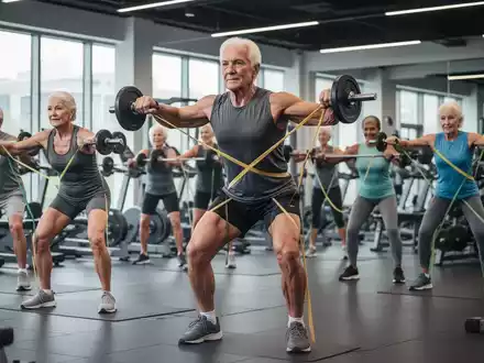 Senioren trainieren in einem modernen Fitnessstudio mit Hanteln und Widerstandsbändern, um Muskeln aufzubauen und fit zu bleiben. - Foto: über boerse-global.de