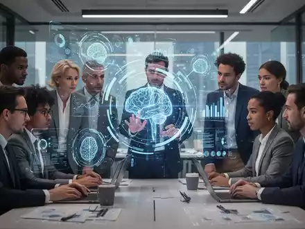 Eine Gruppe von Fachkräften in einem modernen Büro, die mit einer holografischen KI-Schnittstelle interagiert, symbolisiert technologischen Wandel. - Foto: über boerse-global.de