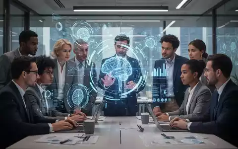 Eine Gruppe von Fachkräften in einem modernen Büro, die mit einer holografischen KI-Schnittstelle interagiert, symbolisiert technologischen Wandel. - Foto: über boerse-global.de