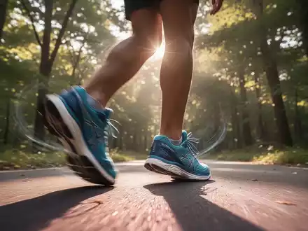 Eine Person in Sportschuhen geht auf einem Pfad, die Füße sind leicht unscharf, um Bewegung darzustellen. Sonnenlicht fällt durch Bäume. - Foto: über boerse-global.de