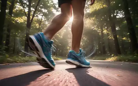 Eine Person in Sportschuhen geht auf einem Pfad, die Füße sind leicht unscharf, um Bewegung darzustellen. Sonnenlicht fällt durch Bäume. - Foto: über boerse-global.de