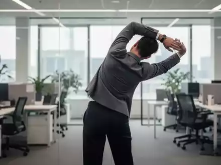 Eine Person im Büro macht eine sanfte Rückenübung zur Schmerzlinderung, umgeben von einer modernen Büroumgebung. - Foto: über boerse-global.de