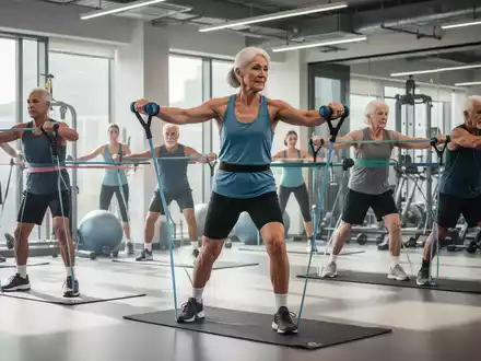 Eine vielfältige Gruppe von Menschen jeden Alters trainiert in einem hellen Fitnessstudio mit Widerstandsbändern und leichten Gewichten. - Foto: über boerse-global.de