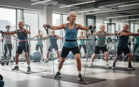 Eine vielfältige Gruppe von Menschen jeden Alters trainiert in einem hellen Fitnessstudio mit Widerstandsbändern und leichten Gewichten. - Foto: über boerse-global.de