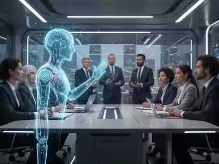 A holographic AI assistant interacting with a diverse business team in a modern, sleek office environment. - Foto: über boerse-global.de