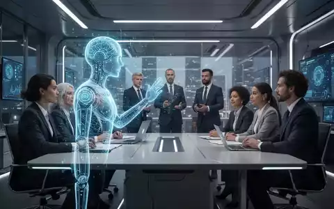 A holographic AI assistant interacting with a diverse business team in a modern, sleek office environment. - Foto: über boerse-global.de
