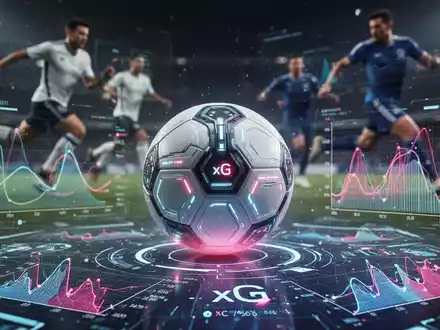 Ein futuristischer Fußball mit Bewegungssensoren auf einem holografischen Display, das Leistungsdaten und Statistiken anzeigt. - Foto: über boerse-global.de