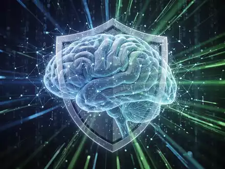 Eine stilisierte Darstellung eines digitalen Gehirns oder Netzwerks mit einem Schutzschild, das KI und Cybersicherheit symbolisiert. - Foto: ĂŒber boerse-global.de