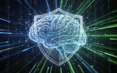 Eine stilisierte Darstellung eines digitalen Gehirns oder Netzwerks mit einem Schutzschild, das KI und Cybersicherheit symbolisiert. - Foto: über boerse-global.de