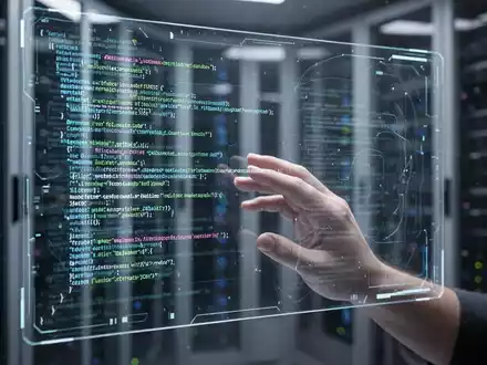 Close-up of a transparent screen displaying glowing AI code with a human hand interacting, set against a blurred server room. - Foto: über boerse-global.de