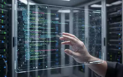 Close-up of a transparent screen displaying glowing AI code with a human hand interacting, set against a blurred server room. - Foto: über boerse-global.de