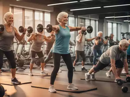 Ăltere Erwachsene trainieren in einem modernen Fitnessstudio, heben Gewichte und dehnen sich, symbolisieren Gesundheit und Langlebigkeit. - Foto: ĂŒber boerse-global.de