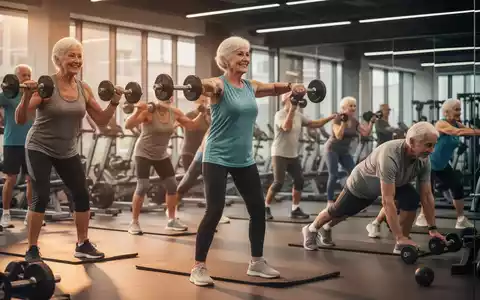 Ältere Erwachsene trainieren in einem modernen Fitnessstudio, heben Gewichte und dehnen sich, symbolisieren Gesundheit und Langlebigkeit. - Foto: über boerse-global.de