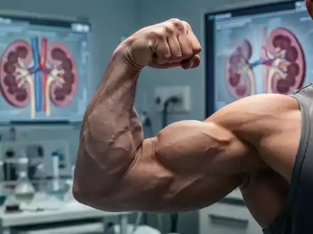 Ein muskulöser Arm flext, im Hintergrund verschwommen medizinische Geräte oder ein Nierendiagramm, symbolisiert Krafttraining und Nierenrisiken. - Foto: über boerse-global.de