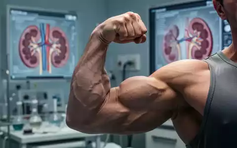 Ein muskulöser Arm flext, im Hintergrund verschwommen medizinische Geräte oder ein Nierendiagramm, symbolisiert Krafttraining und Nierenrisiken. - Foto: über boerse-global.de
