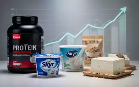 Nahaufnahme von Proteinpulver, Skyr und Tofu auf einer minimalistischen Anzeige mit einem subtilen Aufwärtstrenddiagramm im Hintergrund. - Foto: über boerse-global.de