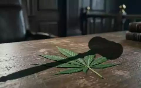 Ein einzelnes Cannabisblatt mit dem Schatten eines Richterhammers, der auf es fällt, vor einem unscharfen Hintergrund. - Foto: über boerse-global.de