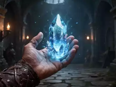 Nahaufnahme einer Hand, die einen leuchtenden, blauen Kristall in einer dunklen Fantasy-Umgebung hält. - Foto: über boerse-global.de