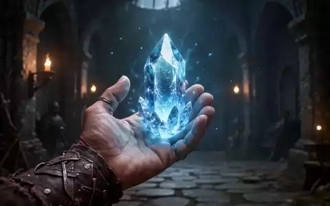 Nahaufnahme einer Hand, die einen leuchtenden, blauen Kristall in einer dunklen Fantasy-Umgebung hält. - Foto: über boerse-global.de
