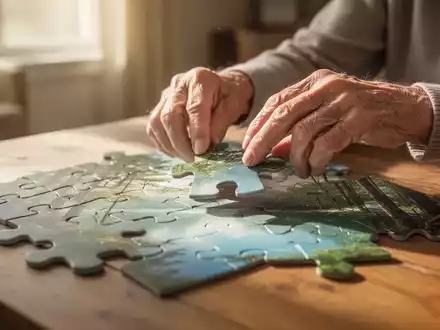 Ältere Hände legen in ruhiger Umgebung sanft Puzzleteile zusammen, die eine friedliche Naturlandschaft zeigen. - Foto: über boerse-global.de