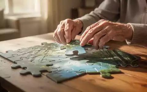 Ältere Hände legen in ruhiger Umgebung sanft Puzzleteile zusammen, die eine friedliche Naturlandschaft zeigen. - Foto: über boerse-global.de