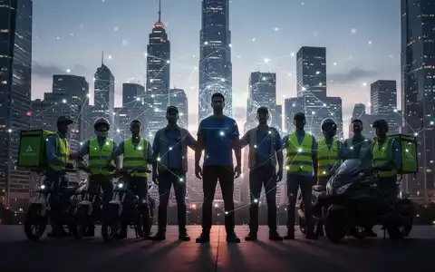 Eine Gruppe von Gig-Economy-Arbeitern steht vereint vor einer modernen Stadtkulisse, mit einem digitalen Netzwerk-Overlay. - Foto: über boerse-global.de