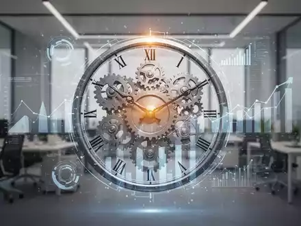 Eine stilisiert dargestellte Uhr mit Zahnrädern und abstrakten Datenvisualisierungen, die Effizienz und Produktivität symbolisieren. - Foto: über boerse-global.de