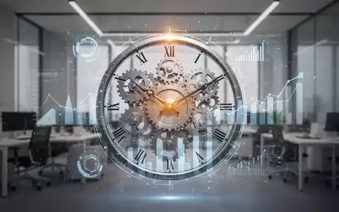 Eine stilisiert dargestellte Uhr mit Zahnrädern und abstrakten Datenvisualisierungen, die Effizienz und Produktivität symbolisieren. - Foto: über boerse-global.de
