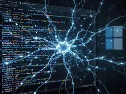 A glowing blue neural network overlayed on a dark computer terminal screen displaying lines of code, symbolizing AI in development. - Foto: über boerse-global.de