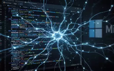 A glowing blue neural network overlayed on a dark computer terminal screen displaying lines of code, symbolizing AI in development. - Foto: über boerse-global.de