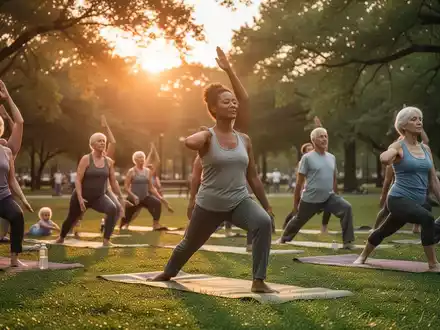 Eine Gruppe von Menschen praktiziert Yoga im Freien in einem Park bei Sonnenuntergang, umgeben von üppigem Grün. - Foto: über boerse-global.de